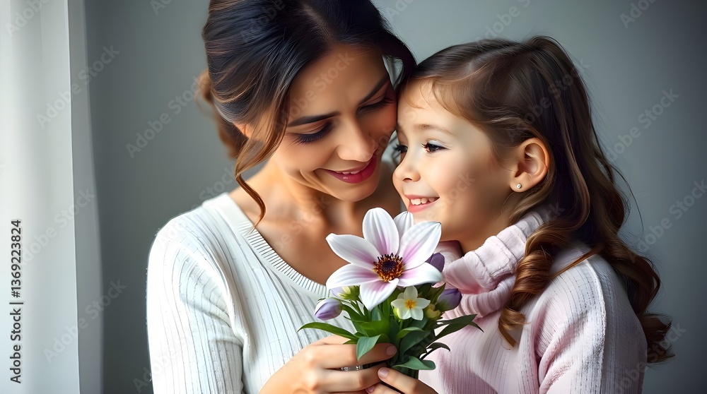A photograph depicting a mother and daughter sharing a special moment with a flower surprise, bathed in cool blues, greens, and purples, emphasizing their genuine connection A photograph depicting a mother and daughter sharing a special moment with a flower surprise, bathed in cool blues, greens, and purples, emphasizing their genuine connection