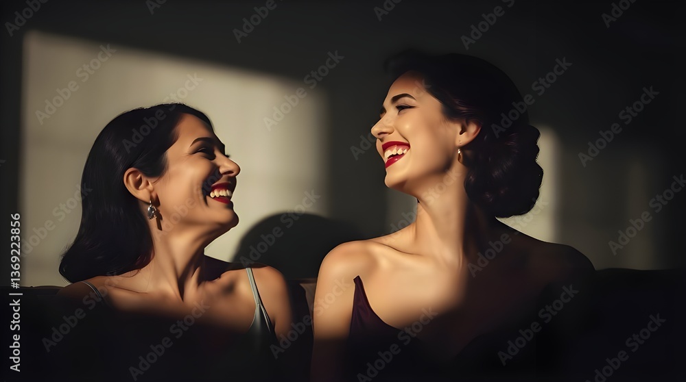 A high contrast, low-key lighting photograph of a graceful and elegant mother and daughter laughing indoors. Deep shadows create a dramatic effect, highlighting their refined features A high contrast, low-key lighting photograph of a graceful and elegant mother and daughter laughing indoors. Deep shadows create a dramatic effect, highlighting their refined features