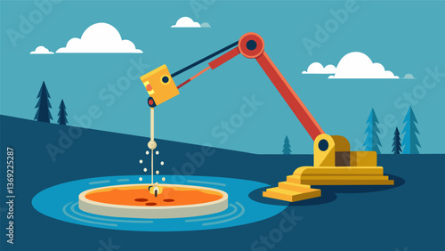 A mechanical arm dips into the pond carefully extracting spent fuel rods for cooling and storage.. Vector illustration