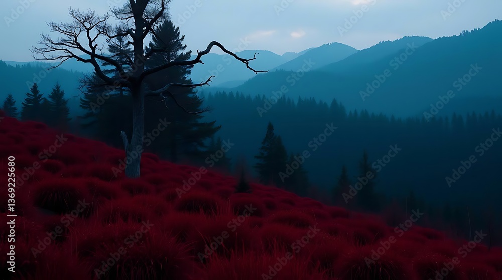 Obraz premium Misty Mountain Red Grassland