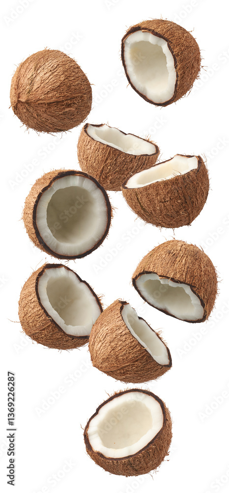 coconuts cut in half falling isolated white background, brown fibrous husk and inner white flesh visible, abundance and freshness concept coconuts cut in half falling isolated white background, brown fibrous husk and inner white flesh visible, abundance and freshness concept