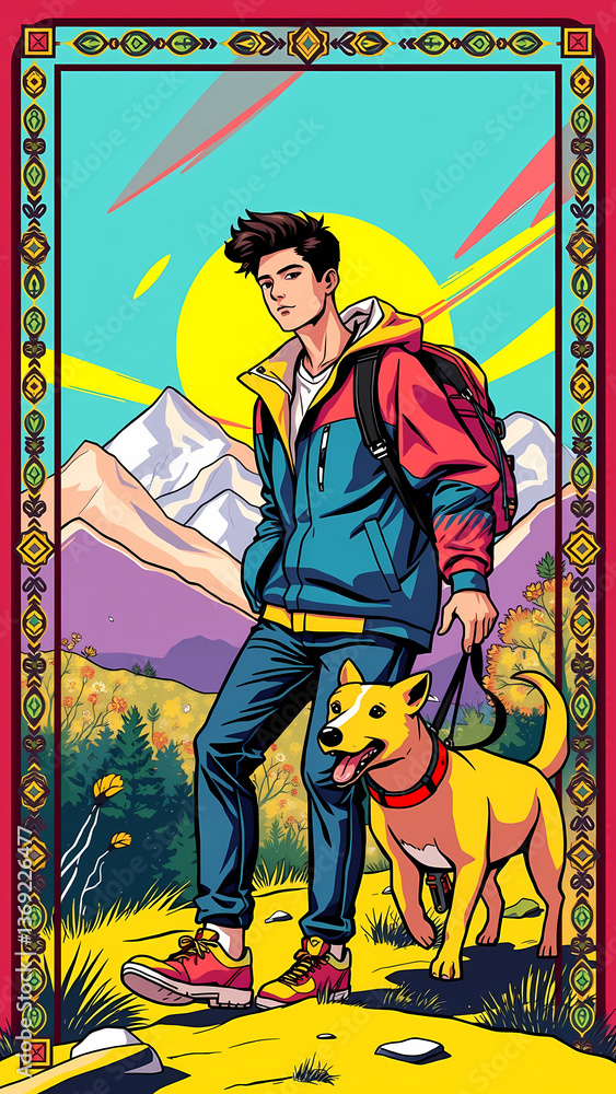 Obraz premium A boy and his dog's hiking trip