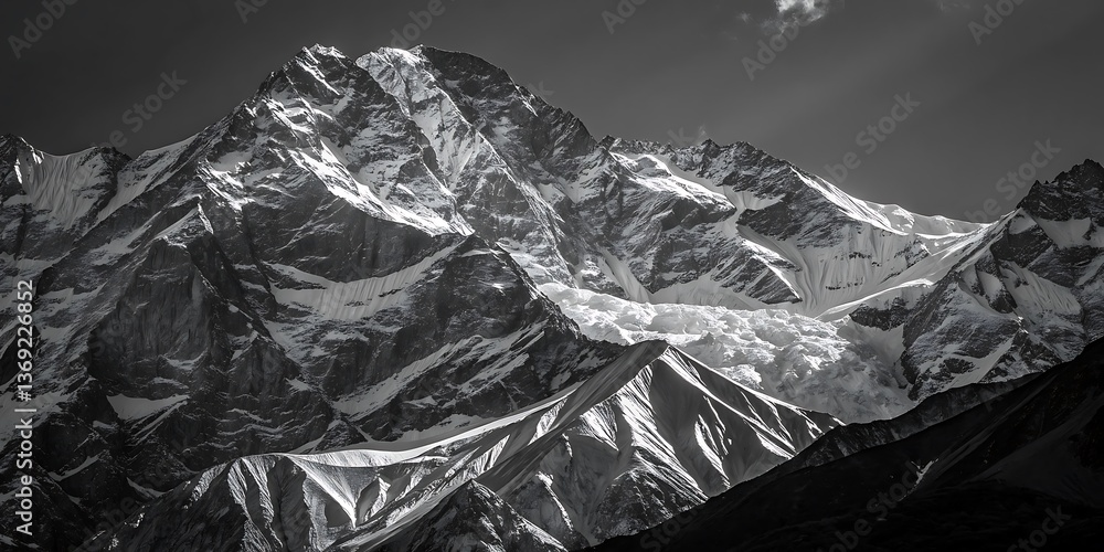 Obraz premium A black and white landscape of snowy mountains with a high peak, showcasing the cold, icy glaciers and rocky terrain of the Himalayas, evoking the beauty of Everest and the Alps in winter