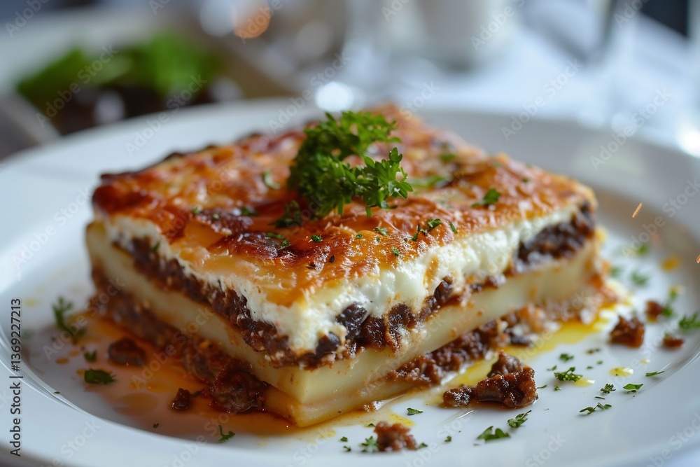 Greek Lamb Moussaka plated with clean geometric layers, creamy bchamel top, plated elegantly for fine Greek Lamb Moussaka plated with clean geometric layers, creamy bchamel top, plated elegantly for fine