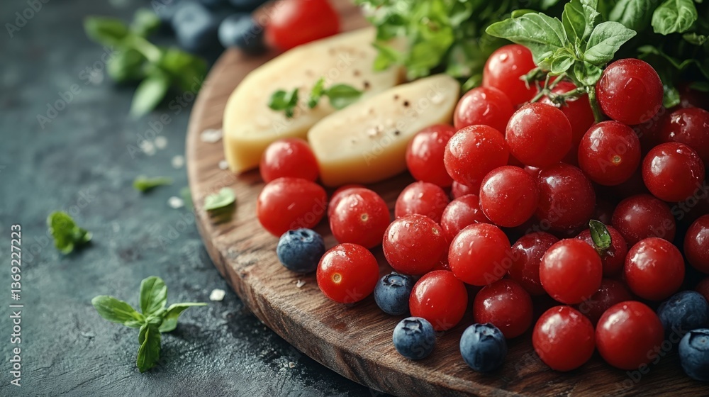 Fresh Colorful Food Arrangement with Cherry Tomatoes, Blueberries, and Cheese Fresh Colorful Food Arrangement with Cherry Tomatoes, Blueberries, and Cheese