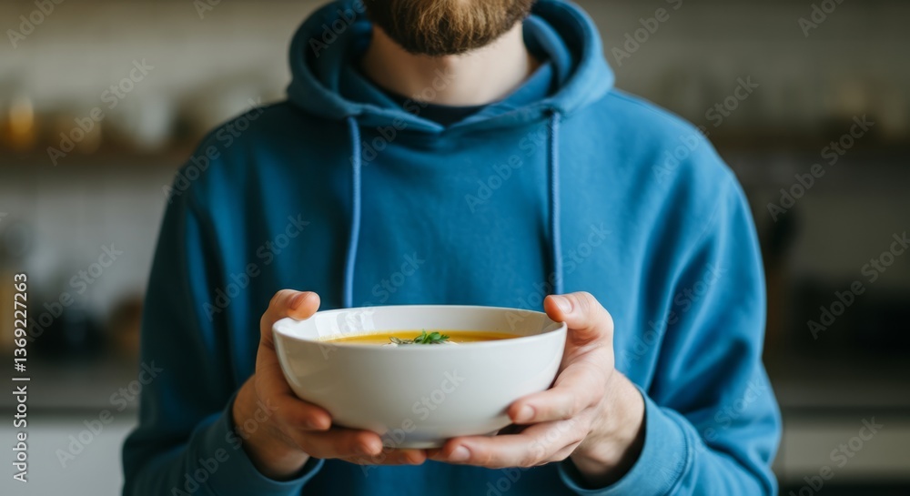 Young caucasian male holding bowl of soup in blue hoodie Young caucasian male holding bowl of soup in blue hoodie