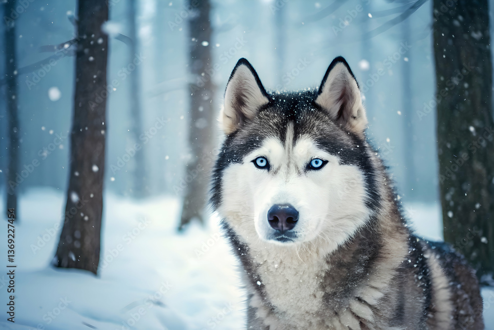 Alert husky siberiano stands in snowy woods, piercing blue eyes shining Alert husky siberiano stands in snowy woods, piercing blue eyes shining
