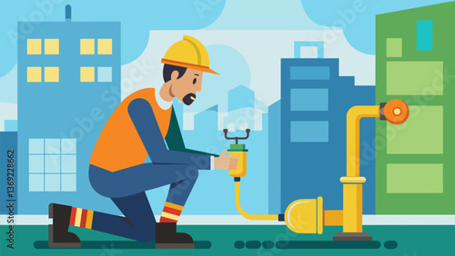 A technician uses sophisticated technology to detect any potential leaks in an urban natural gas pipe system ensuring the safety of the surrounding. Vector illustration