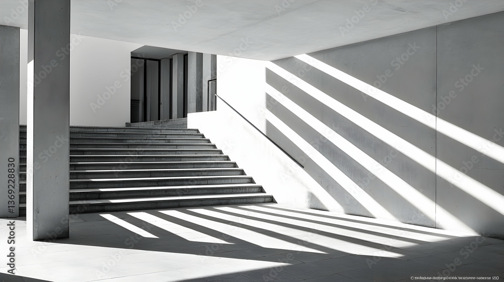 Monochrome Image of Modern Building Interior with Sunlit Stairs and Concrete Columns Monochrome Image of Modern Building Interior with Sunlit Stairs and Concrete Columns