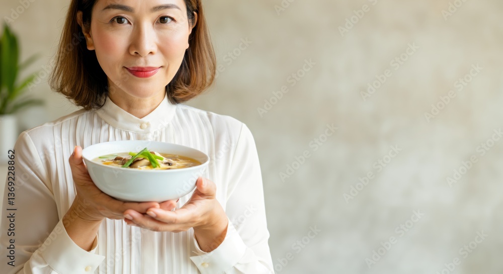 Asian female adult holding bowl of soup with vegetables and herbs in kitchen Asian female adult holding bowl of soup with vegetables and herbs in kitchen