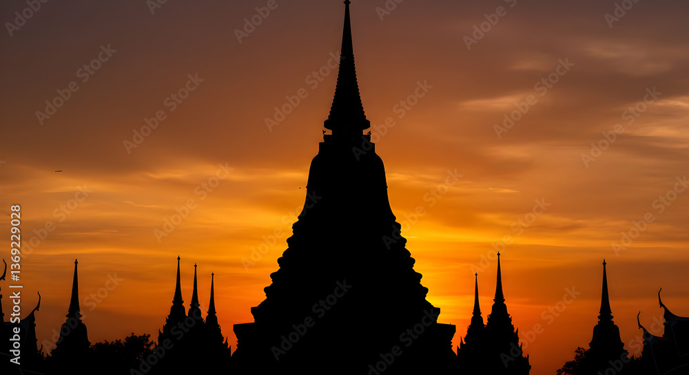 Obraz premium Silhouette Of Pagoda At Golden Sunset