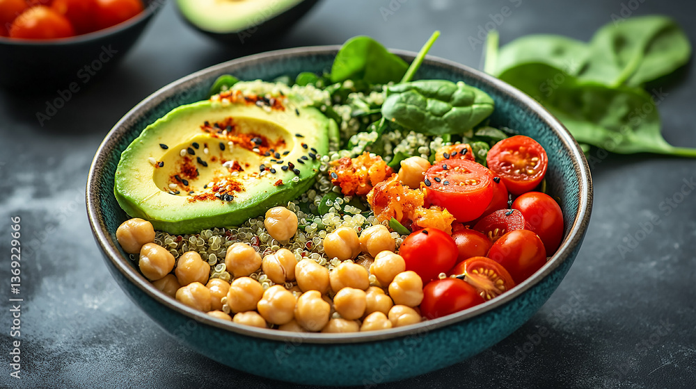 A fresh and vibrant Buddha bowl with quinoa, creamy avocado, crunchy chickpeas, juicy cherry tomatoes, and spinach. This healthy, colorful dish is the perfect choice for a nourishing plant-based meal. A fresh and vibrant Buddha bowl with quinoa, creamy avocado, crunchy chickpeas, juicy cherry tomatoes, and spinach. This healthy, colorful dish is the perfect choice for a nourishing plant-based meal.