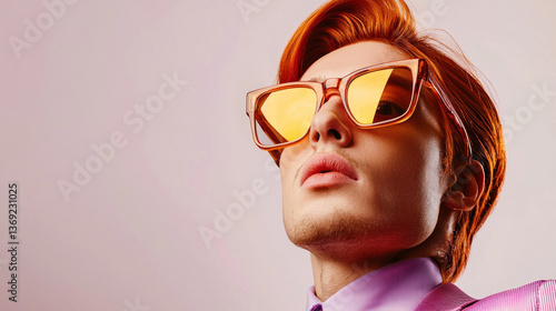  A man with hairstyle orange hair sunglasses in pink suit close up pose on a simple elegant light grey pink color background with copy space