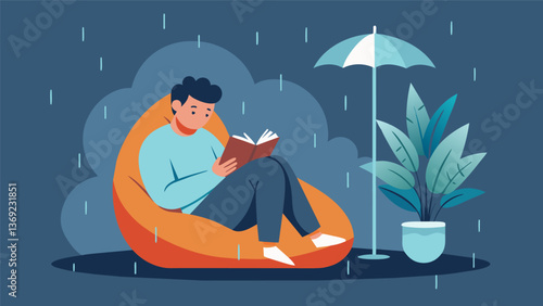 Nestled in a bean bag chair a person lazily reading a gripping mystery novel while rain gently falls outside.. Vector illustration