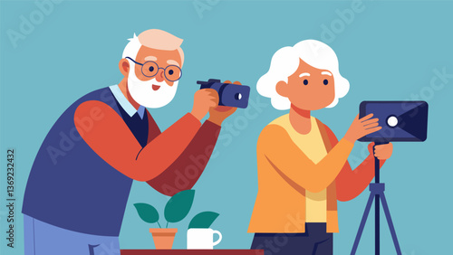 An older couple takes a photography class learning how to capture and edit digital images on their smartphones.. Vector illustration