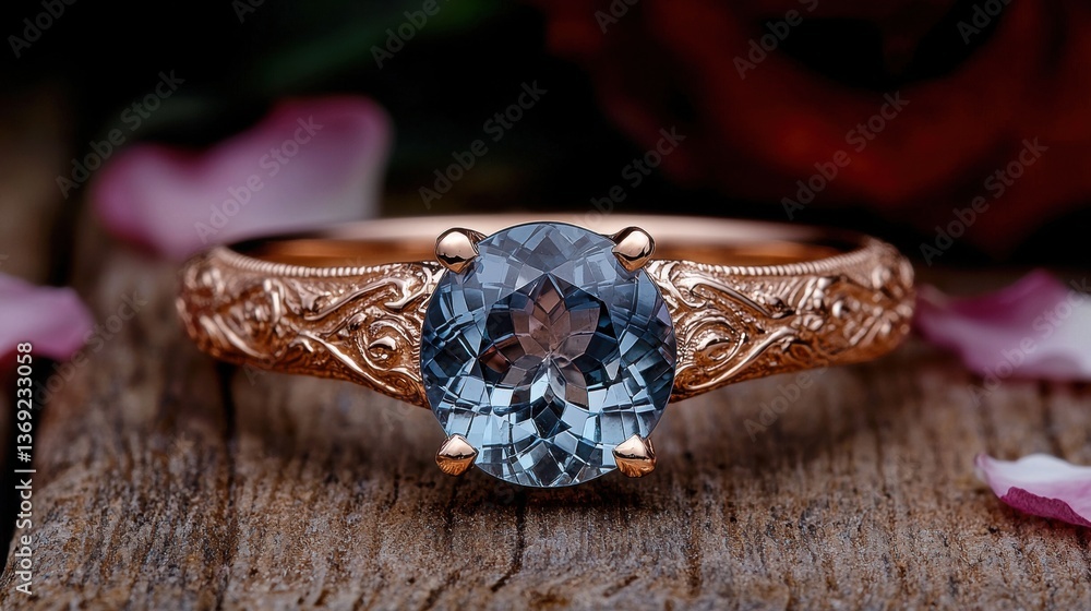 Naklejka premium Elegant rose gold ring with a blue gemstone on a wooden surface.