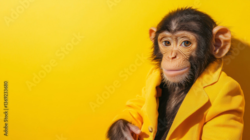 A cute pan troglodytes monkey portrait wearing business suit costume on simple color wall anthropomorphic studio work fashion modern background with copy space, wild animal advertising yellow poster