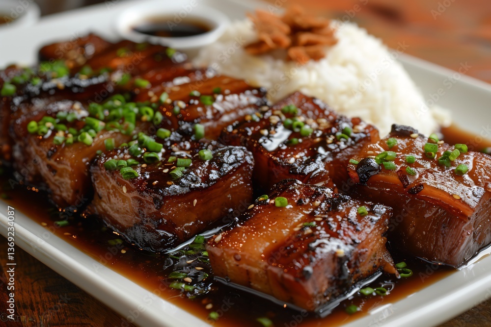 Filipino Adobo pork belly cubes glazed in soy vinegar sauce, plated with rice disk and Filipino Adobo pork belly cubes glazed in soy vinegar sauce, plated with rice disk and