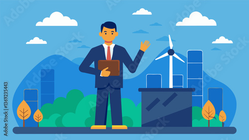 A spokesperson for a coal company delivering a persuasive presentation on the economic advantages of coal over renewable energy sources.. Vector illustration
