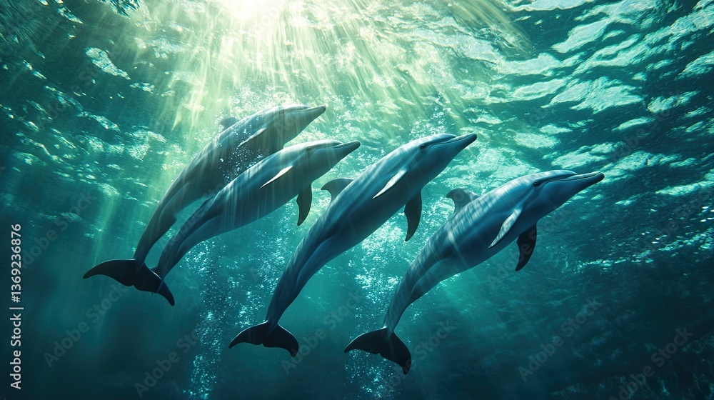 Obraz premium Majestic dolphins dance beneath sunlit ocean surface in shimmering aquatic ballet