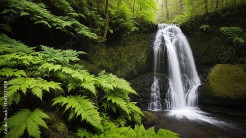 Cascading Waterfall Amidst Lush Greenery: A Serene Oasis of Nature's Beauty in a Vibrant Forest Setting.