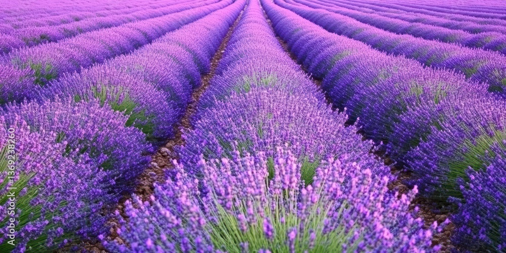 Obraz premium A vibrant lavender field showcasing rows of blooming flowers in a serene landscape.