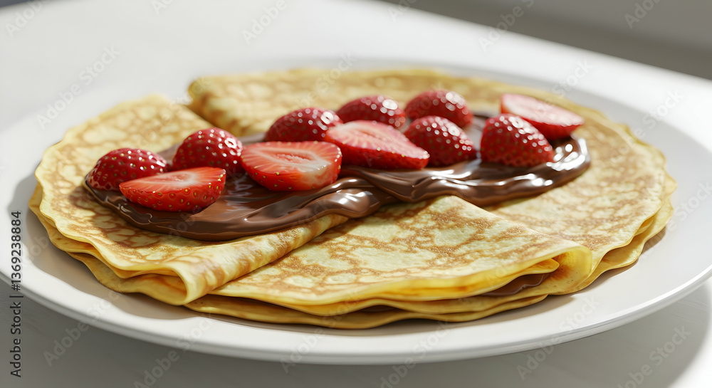 Golden Pancakes Topped With Strawberries And Chocolate Golden Pancakes Topped With Strawberries And Chocolate