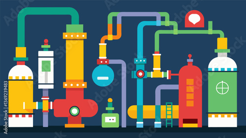 A series of colorful pipes valves and tanks working together to illustrate the complex system of capturing processing and transporting gas from. Vector illustration
