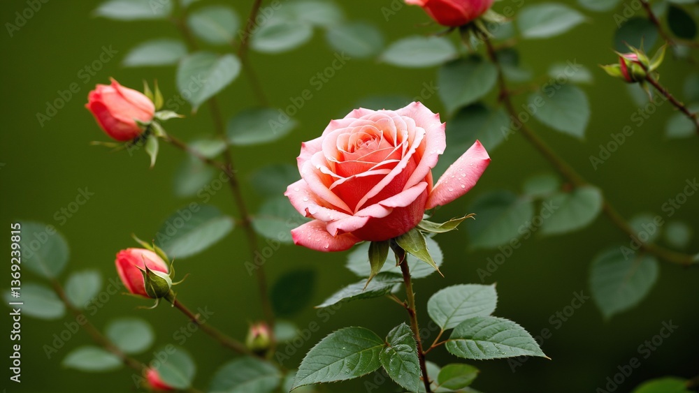 Obraz premium Elegant Coral Rose Blossoming Amidst Lush Greenery, with Delicate Petals Displaying Refreshing Dew Drops in a Garden Oasis.