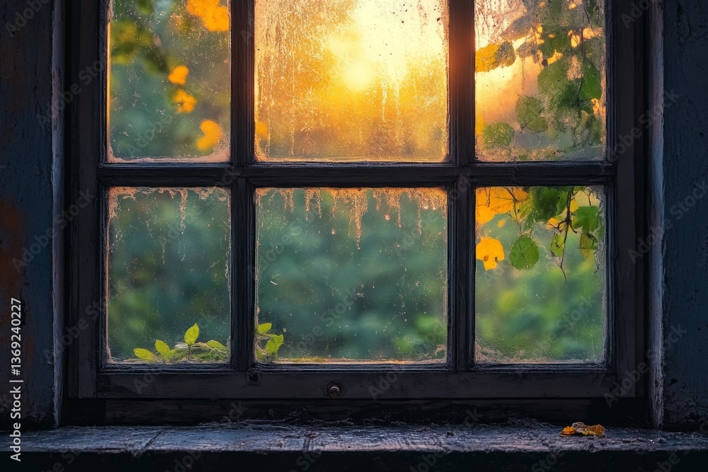 Fototapeta premium Cozy view through old window with warm autumn light and leaves outside