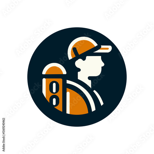 Adventure icon featuring a traveler with a cap and backpack, in a flat vector style with orange and black tones.
