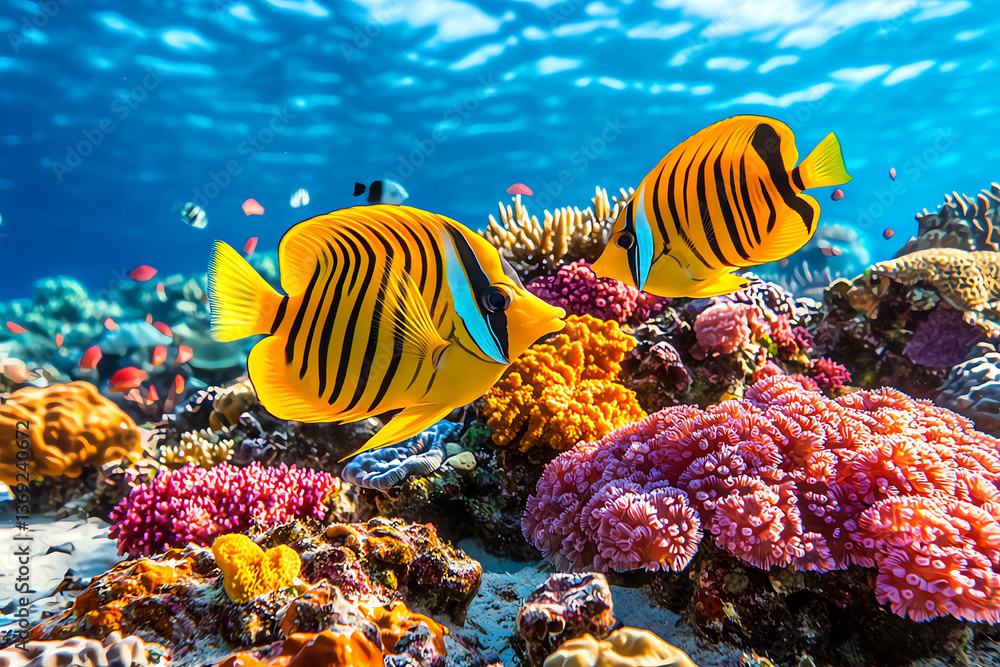 Fototapeta premium vibrant underwater scene showcases two striking yellow and black striped fish swimming gracefully among colorful coral reef. diverse marine life and vivid corals create lively and enchanting