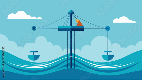 A wave power harnessing system resembling a vast floating harp structure with long strings that stretch out and bend with the oceans movements turning. Vector illustration