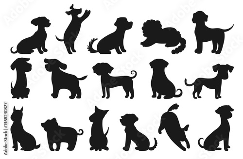 Cute Dogs cartoon silhouette set illustration for kids. Funny childish dogs of different breeds shape. Puppy various poses playing sitting pet. Cute comic pedigree canine animals figure design vector