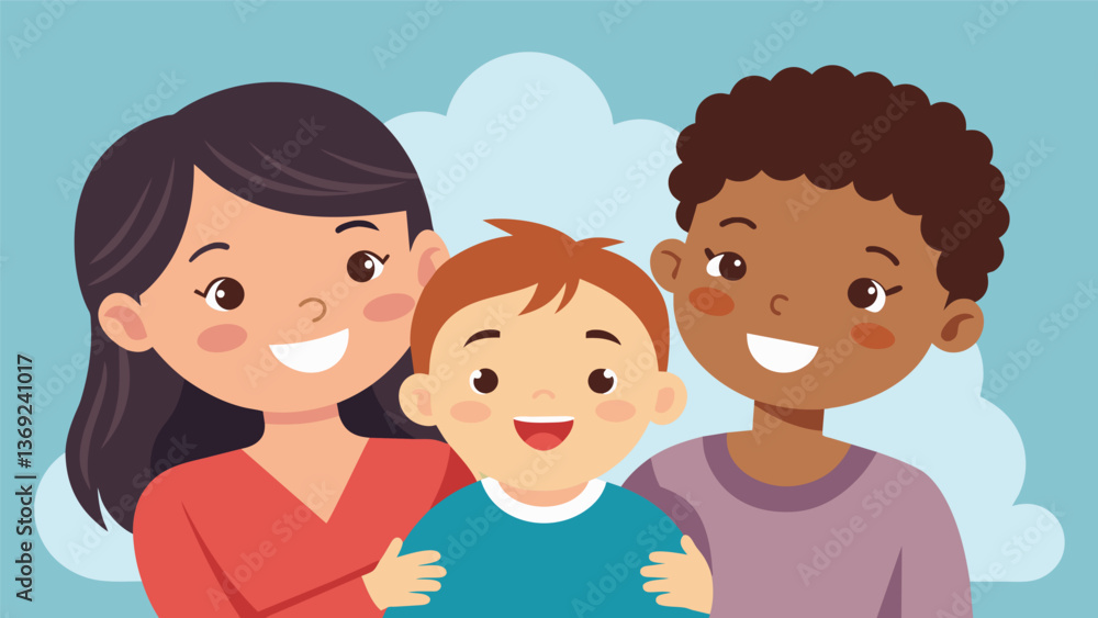 A young child snuggled between their new siblings all grinning from ear to ear on their adoption day.. Vector illustration A young child snuggled between their new siblings all grinning from ear to ear on their adoption day.. Vector illustration