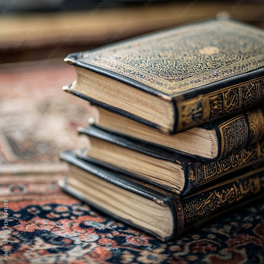 Obraz premium Selective focus of holy koran (Quran) stacked together.