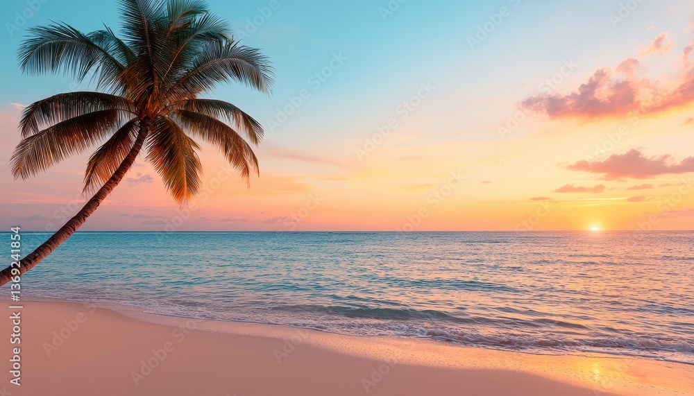 Obraz premium A serene beach scene with a palm tree during a colorful sunset.