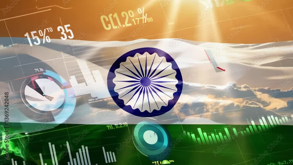 The Indian flag overlayed on financial charts, representing the country's economic progress, investment opportunities, stock market trends, and India's financial growth and business expansion.
