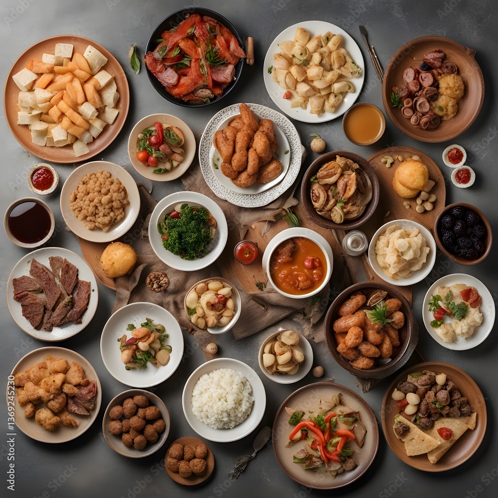 Top view of a table full of delicious food composition Top view of a table full of delicious food composition