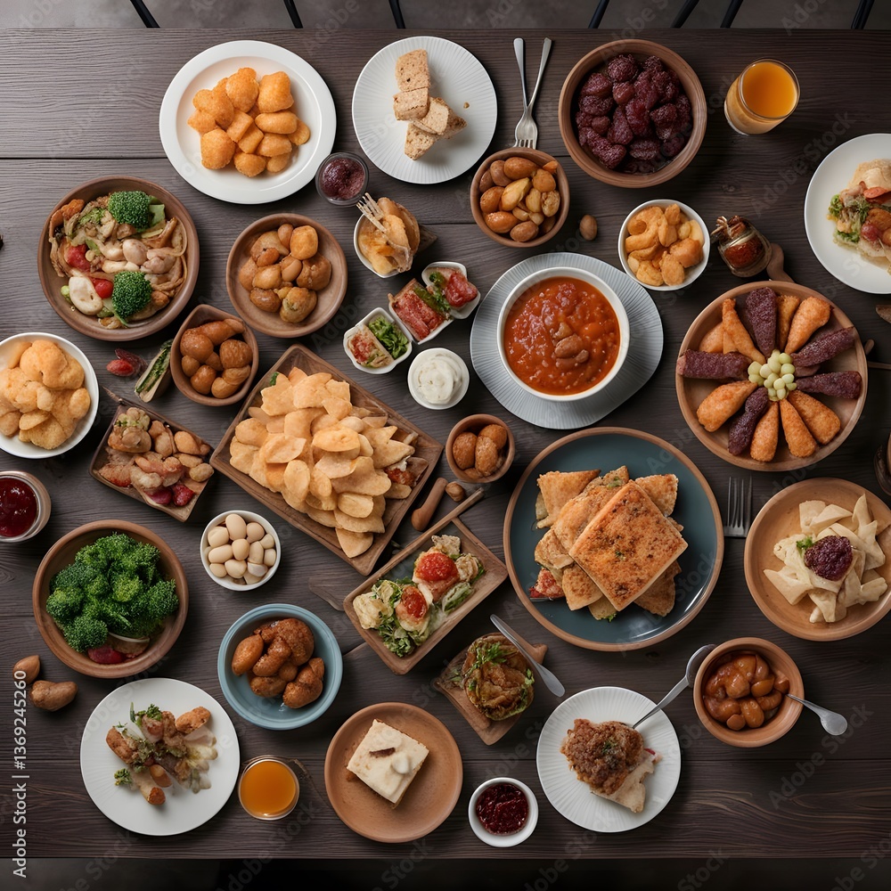 Top view of a table full of delicious food composition Top view of a table full of delicious food composition