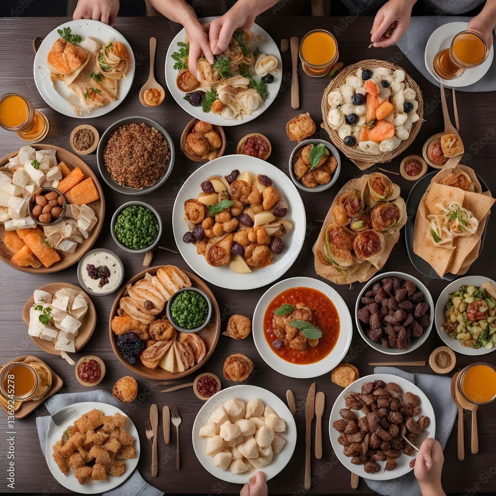 Top view of a table full of delicious food composition Top view of a table full of delicious food composition