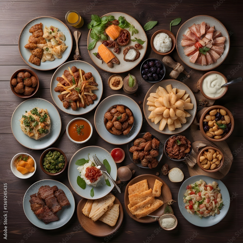 Top view of a table full of delicious food composition Top view of a table full of delicious food composition