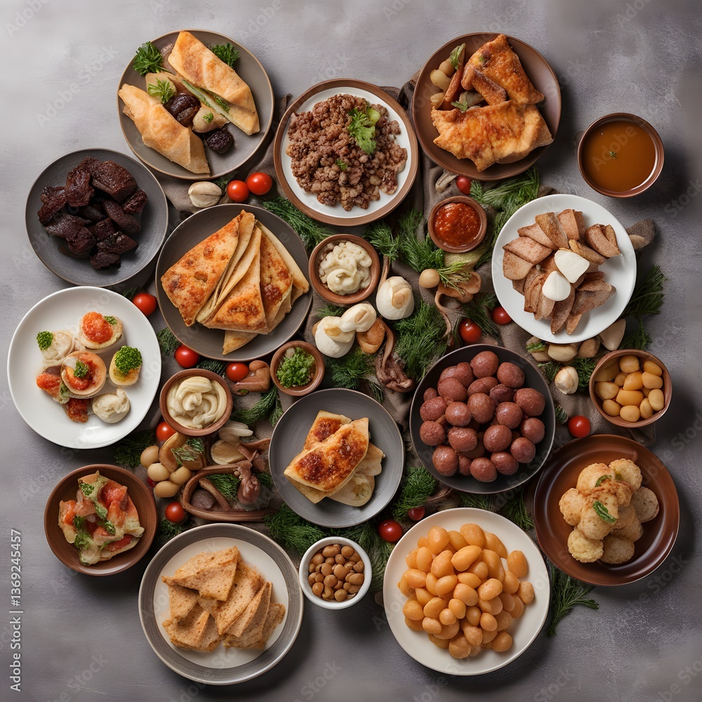 Top view of a table full of delicious food composition Top view of a table full of delicious food composition