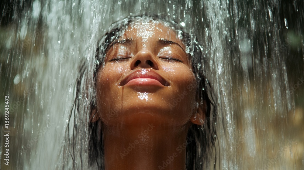Fototapeta premium Serene woman feeling the refreshing cascade of a waterfall on her face in high detail