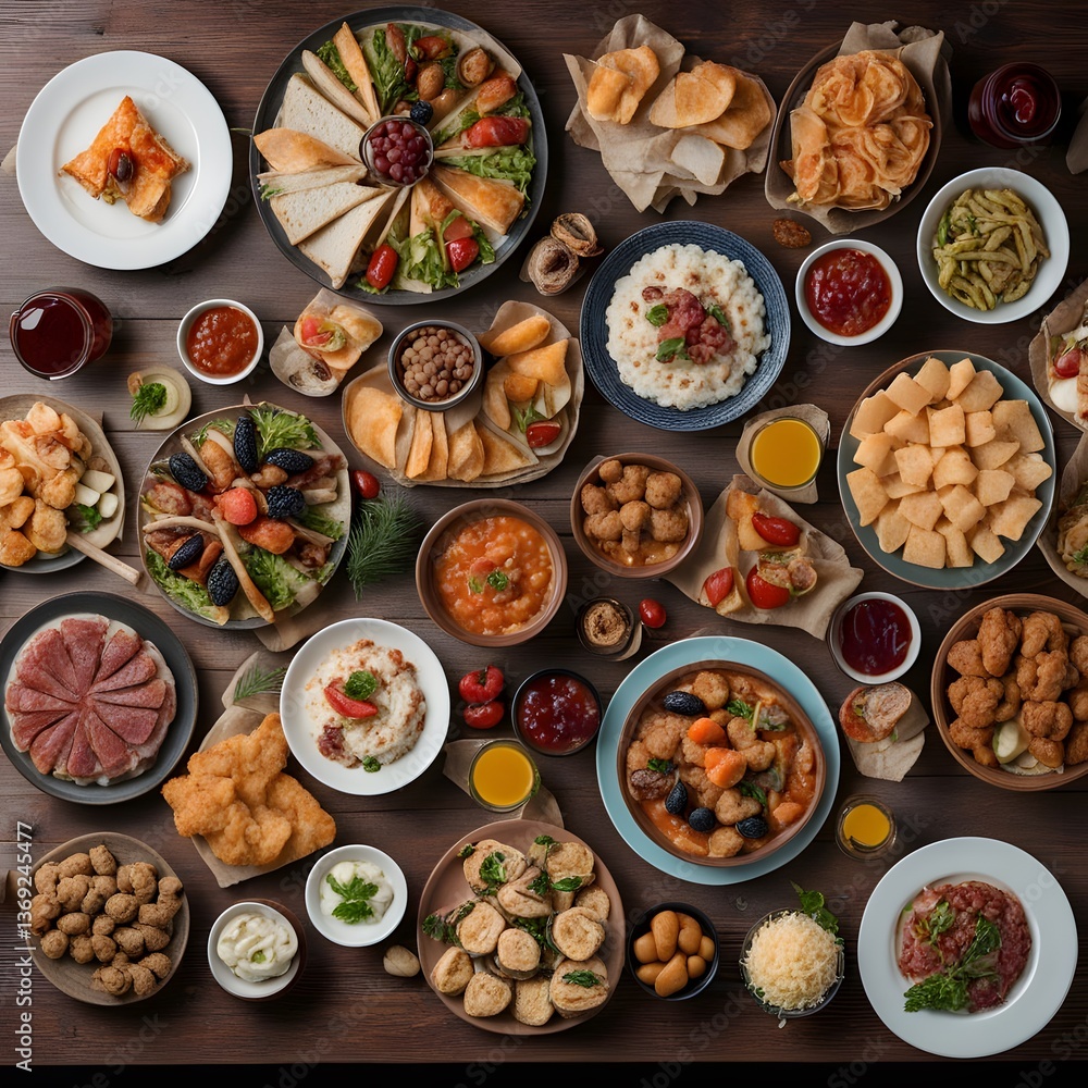 Top view of a table full of delicious food composition Top view of a table full of delicious food composition