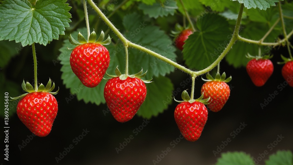 Hanging Jewels of Summer: A Glimpse into the Sweetness of Fresh, Ripe Strawberries Ready to be Picked. Hanging Jewels of Summer: A Glimpse into the Sweetness of Fresh, Ripe Strawberries Ready to be Picked.
