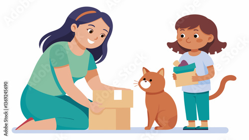 A single mother and her daughter happily picking out supplies for their new cat making sure it feels safe and loved in their home.. Vector illustration