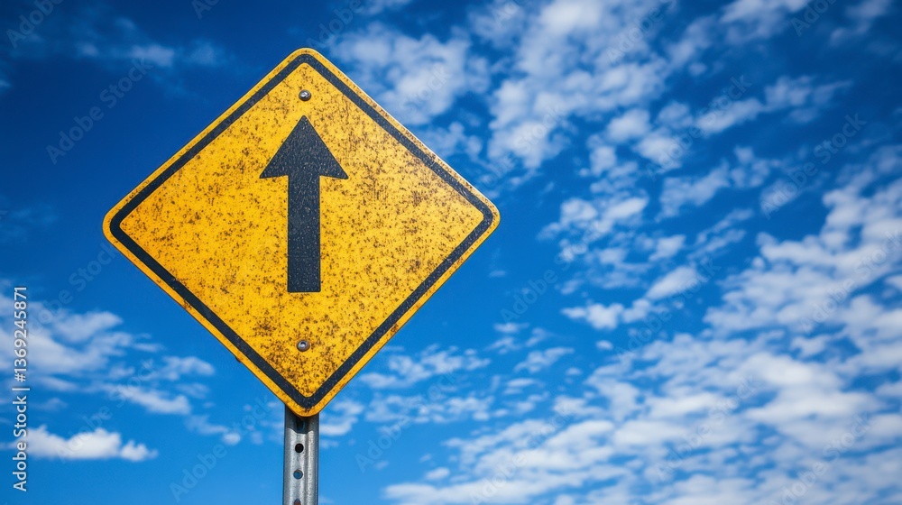Yellow directional sign under vibrant blue sky with scattered white clouds Yellow directional sign under vibrant blue sky with scattered white clouds