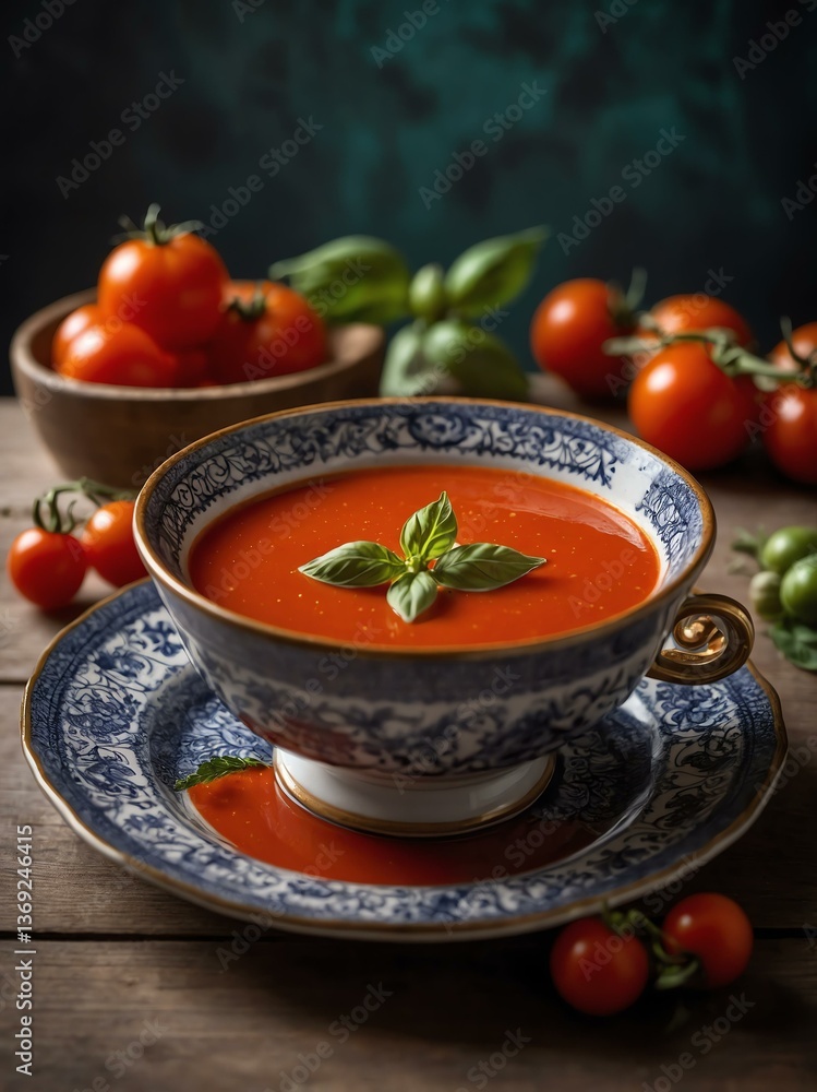 attractive tomato soup close-up on a beautiful plate arrangement portrait attractive tomato soup close-up on a beautiful plate arrangement portrait