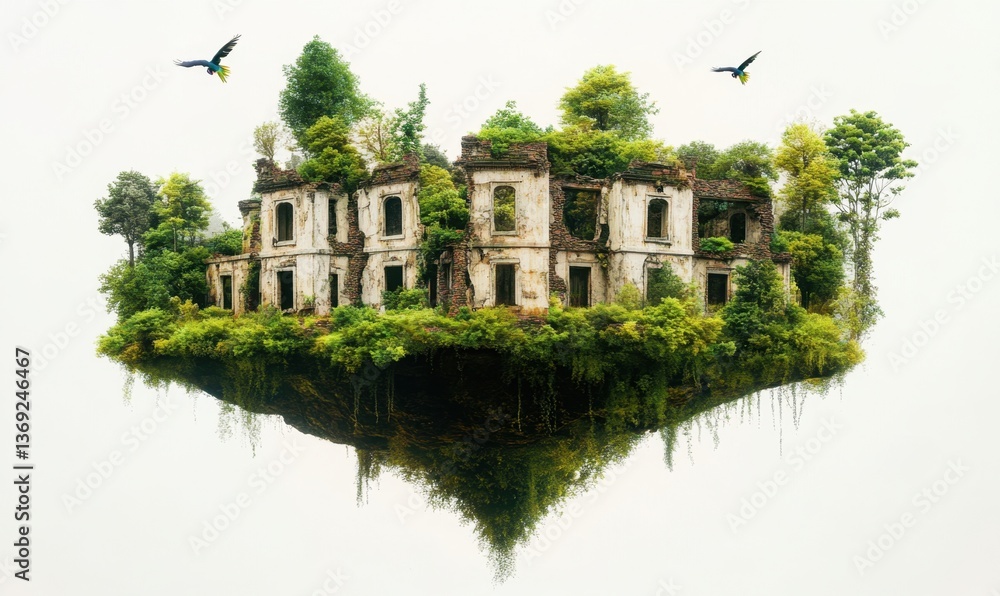 Obraz premium Abandoned mansion overgrown on floating island, fantasy concept art